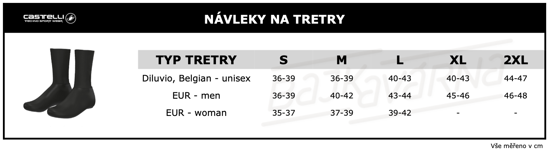 CASTELLI - návleky na tretry velikostní tabulka